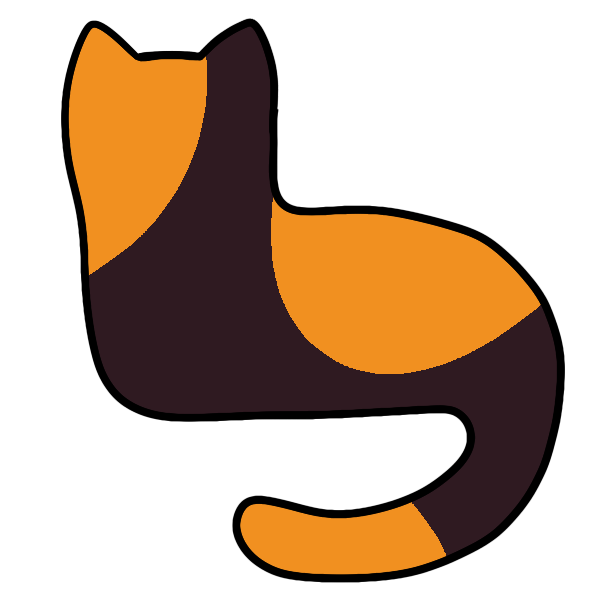 silhouette of a cat lying down with its head up and tail curved below. it's black with big orange splotches